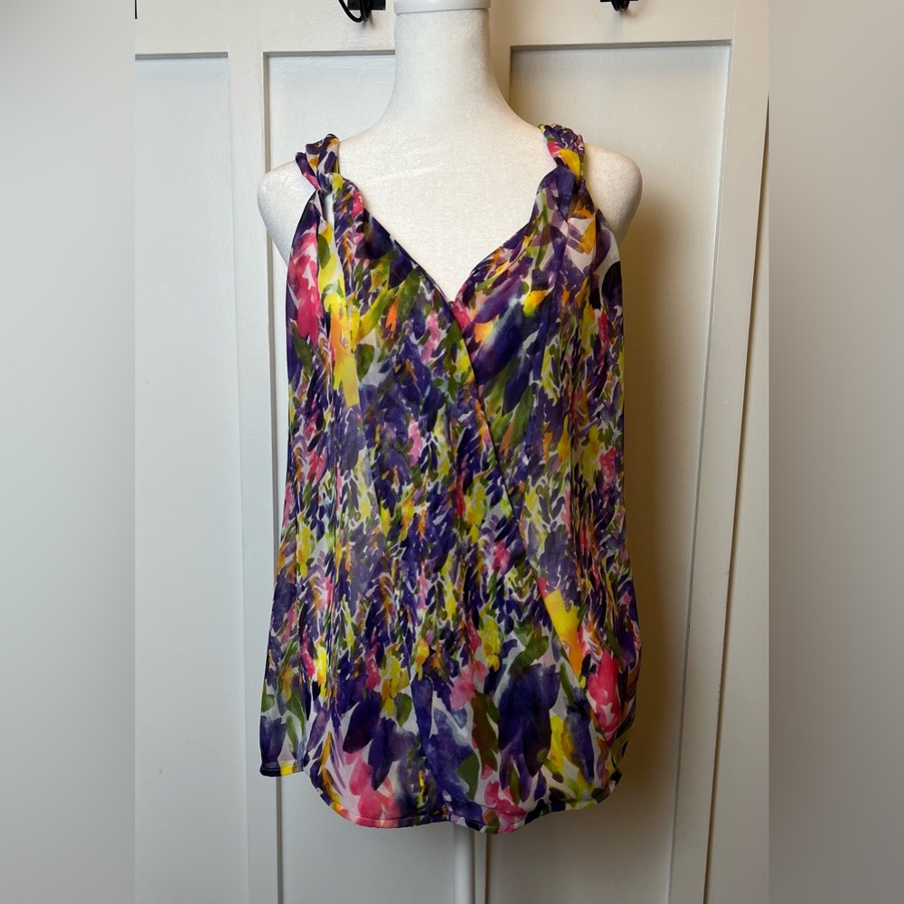 CAbi Sheer Tank Blouse Size XS Watercolor Artsy Floral Colorful Boho AOP Summer